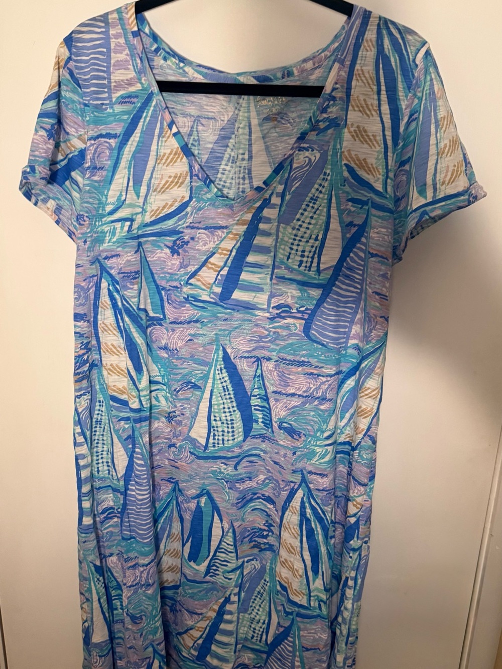 Lilly Pulitzer Blue, Teal & Purple Sailboat V-Neck Dress